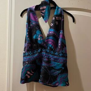 Top halter Laundry surplice front  side zip multi print large side multi color